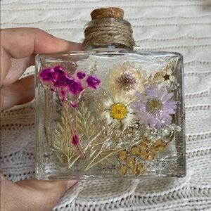 Floral Resin Decorative Square Bottle/cork top/Empty/ Flowers epoxied on outside